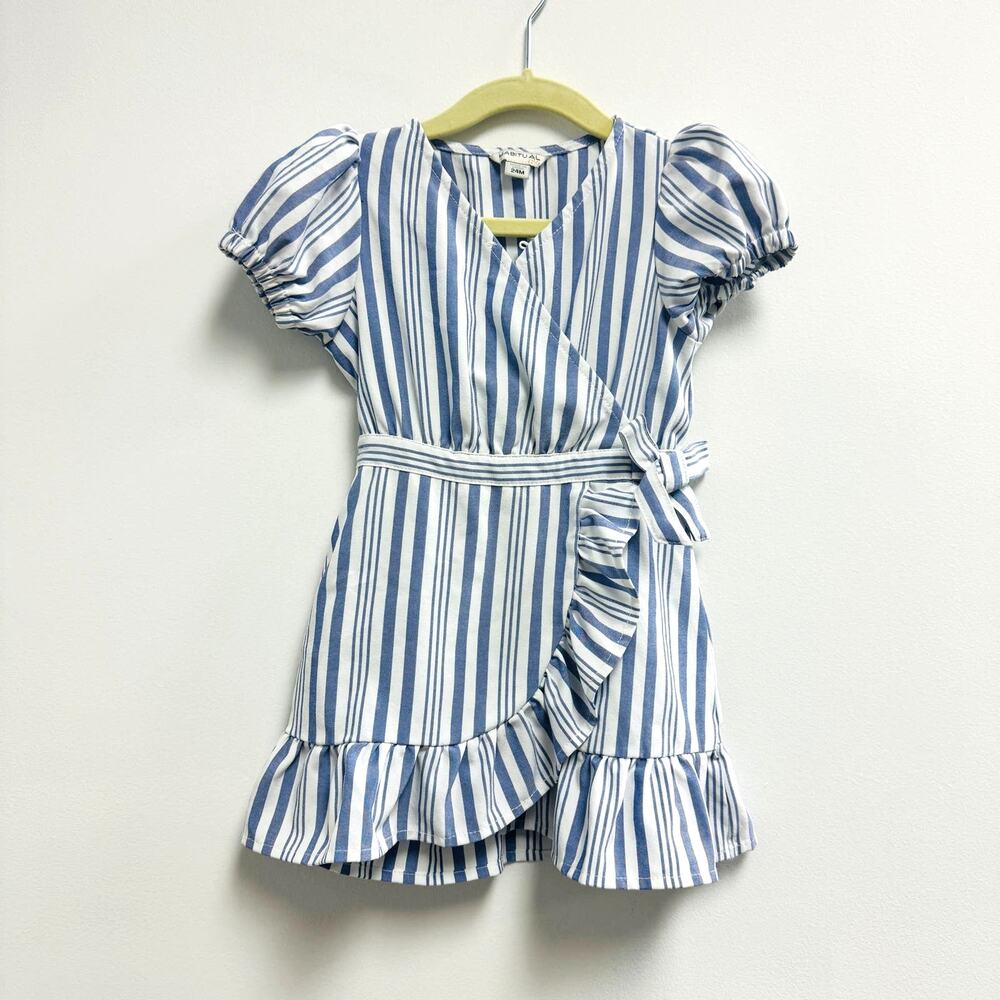 Habitual Girl Ruffle Blue White Faux Wrap Striped Dress Sz 24M